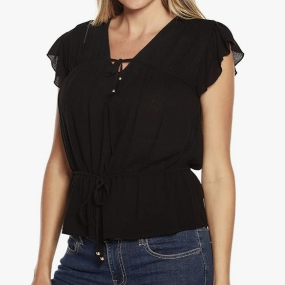 NWT BELLDINI Short Flutter Sleeve Drawstring Yoke Peplum Top Size Medium - Picture 2 of 4